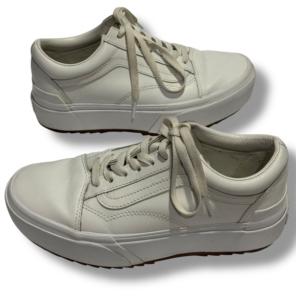 Vans Old Skool Stacked White Leather Platform Sneakers Womens 7.5 - Picture 2 of 12
